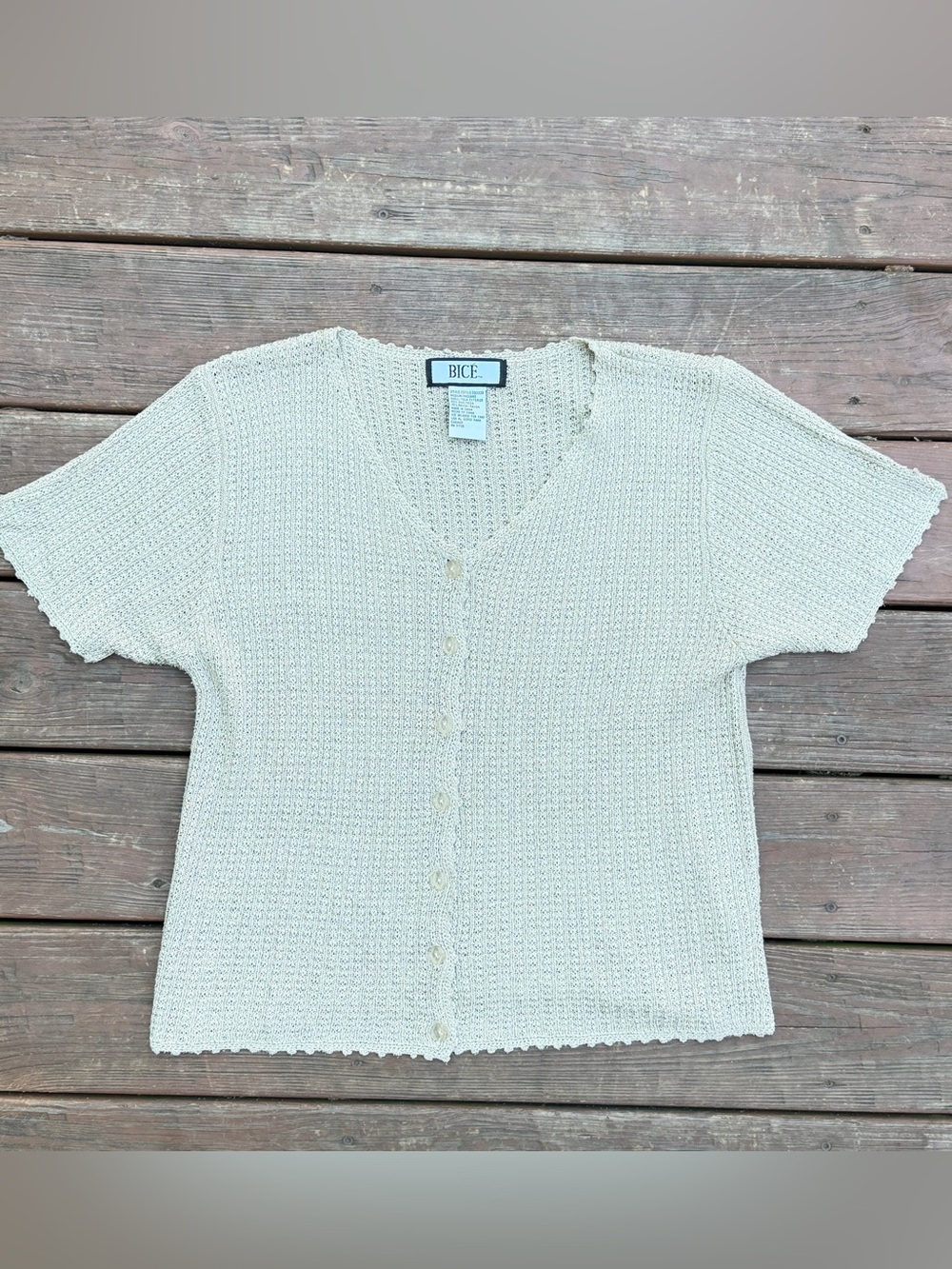 BICÉ Women’s Medium Beige Silk Rayon Knit Cardigan Short Sleeve Y2K Top